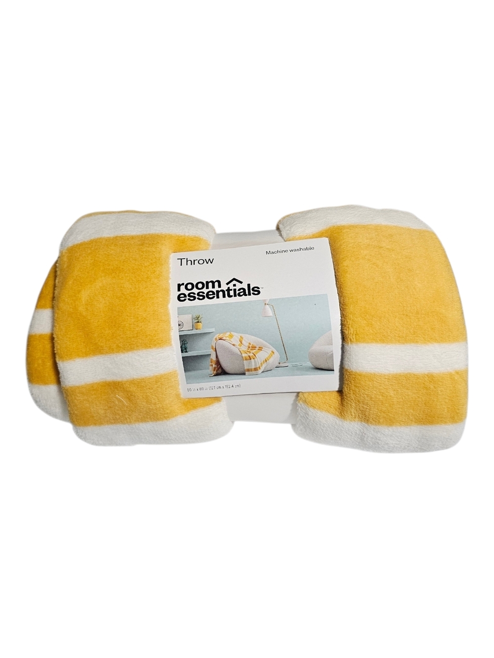 Room Essentials Yellow and White Striped Plush Throw Blanket 50x60